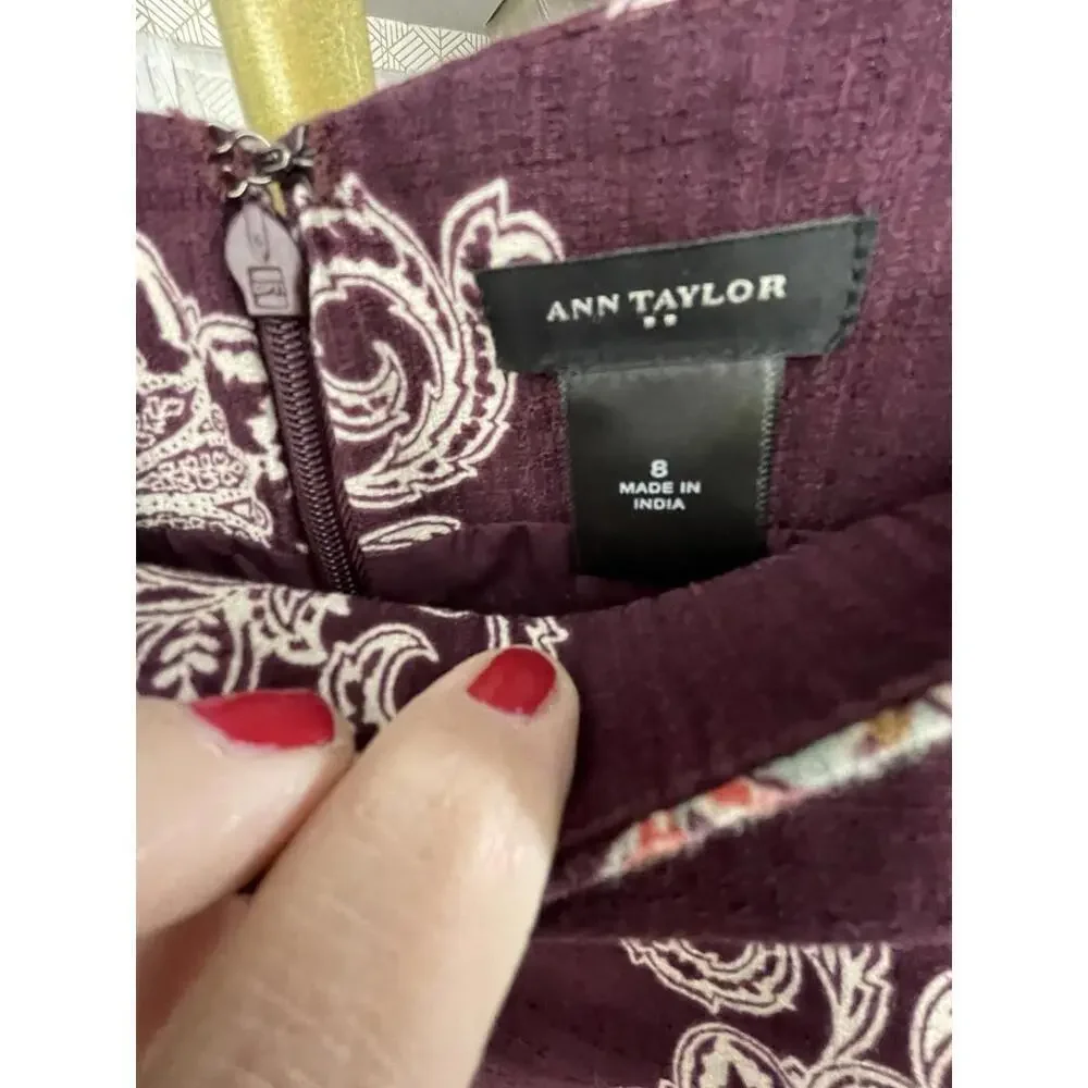 Ann Taylor Pencil Skirt Womens Sz 8 Burgundy Paisley Fully Lined Cotton Back Zip
